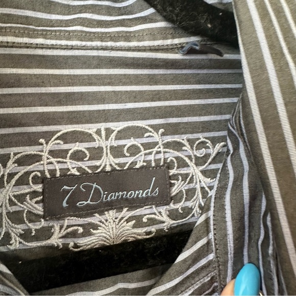 7 Diamonds | Gray Striped Embroidered Back Button Down Shirt Men's Large - Picture 5 of 8